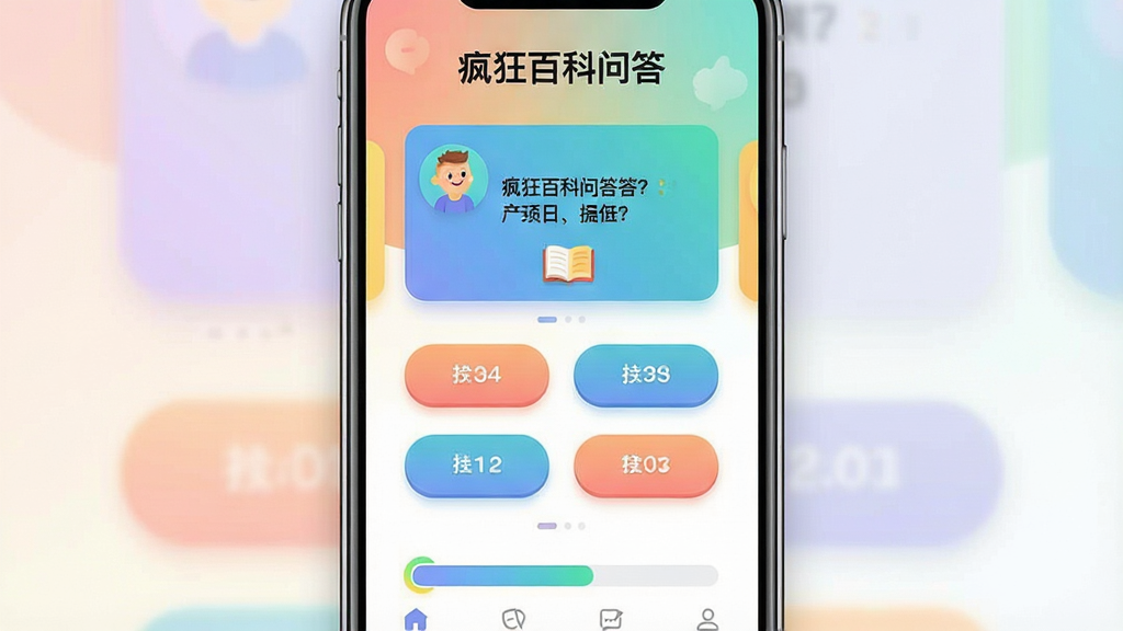 一张展示“疯狂百科问答”手机应用界面的场景图,主体为一部竖屏智能手机,屏幕中显示色彩明快的百科答题界面,包含题目卡片、选项按钮和进度条,布局居中对称,排版干净清晰,风格为现代扁平化UI设计,细节包含柔和渐变背景、圆角图标和微阴影层次,画质高清锐利,画面干净无多余元素