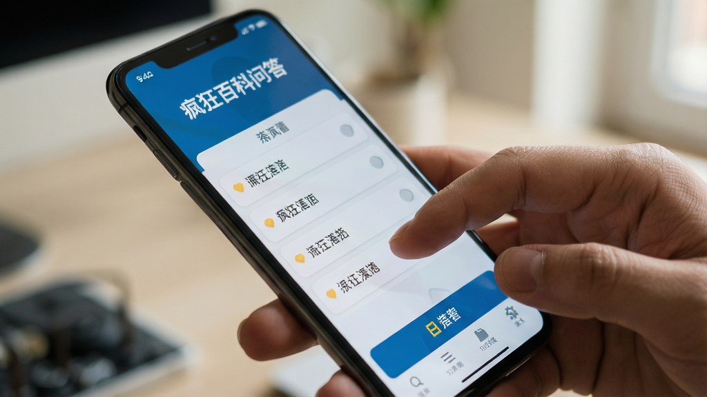 一张展示“疯狂百科问答”在手机上流畅运行的场景图,主体为手持手机进行答题操作的特写,布局为斜角构图突出屏幕内容,风格为生活化实拍质感,细节包含手指点击选项、清晰的答题界面和柔和的环境光,画质清晰自然,画面干净无杂乱背景