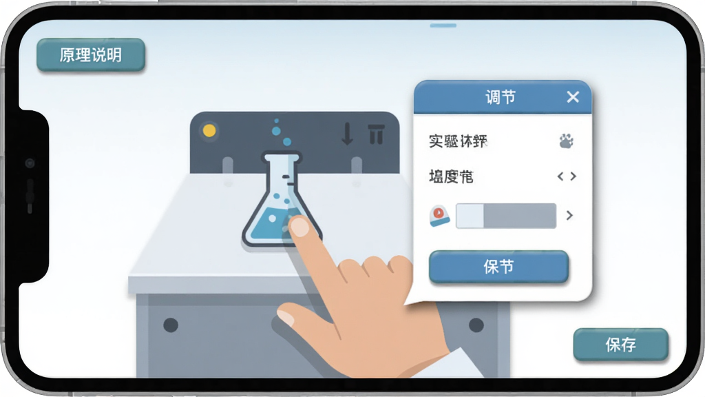 ��������Ϊ��ѧҪʵ�������Ĳ����������棬��Ļ����ʾһֻ�����ڵ��ʵ��̨�ϵ��ձ�ͼ�꣬�Աߵ�������������壬���������ԭ��˵����ť�ͱ��水ť������Ϊ�ֻ���Ļ��д���У����Ϊ��ƽ��UI��ƣ�ϸ�ڰ�����ť�߹�����Ӱ�����������ɾ����޶���Ԫ��