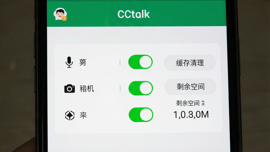 һ���ֻ���Ļ��д����Ļ��ʾCCtalk��Ȩ������ҳ����洢�������棬ҳ��������˷硢������洢����Ȩ�޿��أ��Ա��л���������ť��ʣ��ռ���ֵ������Ϊ����չʾ������ƽ��UIʾ�⣬ϸ���Ͽ��س���ɫ��������ֵ�����ɶ������ʸɾ����޶���Ԫ��