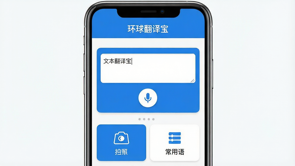 一张展示环球翻译宝应用主界面的手机屏幕效果图,画面中央是手机正视图,屏幕内呈现翻译软件首页布局,顶部显示软件名称“环球翻译宝”,中部为文本输入框与语音按钮,下方为拍照翻译和常用语入口,整体采用蓝白配色,风格简洁现代,细节清晰,画质干净,无多余元素