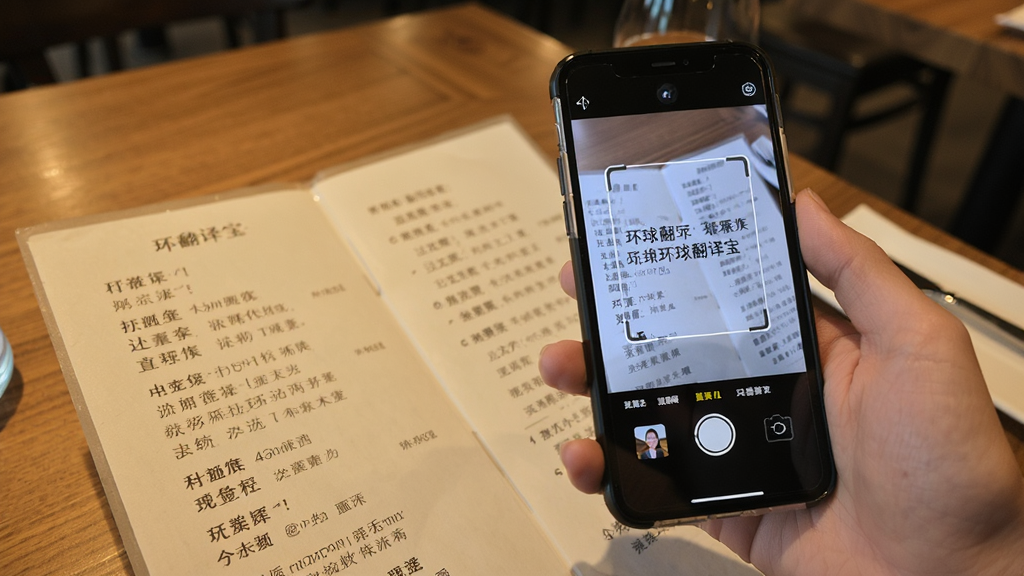 一张表现环球翻译宝拍照翻译功能的场景图,画面中一只手举着手机对准一份外文菜单,手机屏幕内显示识别框与中文译文叠加效果,背景为餐厅桌面,风格写实清新,细节清晰,画质干净,无多余元素