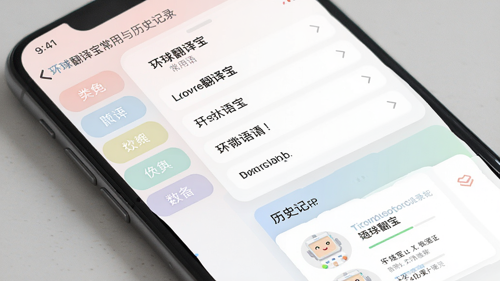 一张展示环球翻译宝常用语与历史记录页面的手机界面图,屏幕内左侧为分类标签栏,右侧为常用语句列表与历史记录卡片,整体采用卡片式布局,配色柔和,风格简洁,细节清晰,画质干净,无多余元素