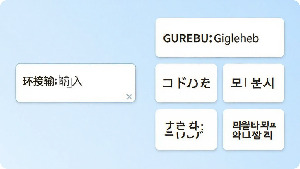 一张表现环球翻译宝多语种文本翻译功能的场景图,画面左侧为中文输入框,右侧对应显示英文、日文、韩文等多种语言的译文卡片,卡片整齐排布,背景为浅蓝色渐变,风格清爽简约,细节清晰,画质干净,无多余元素