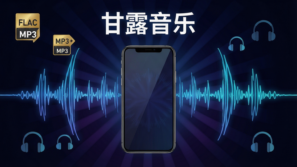 主体为一部手机与环绕四周的音频波形图标,布局采用中心放射状构图,排版上方标注“甘露音乐”字样,风格为科技感与音乐感结合的深色渐变背景,细节包括FLAC与MP3格式标签、耳机图标、高亮波形线条,画质清晰干净无多余元素