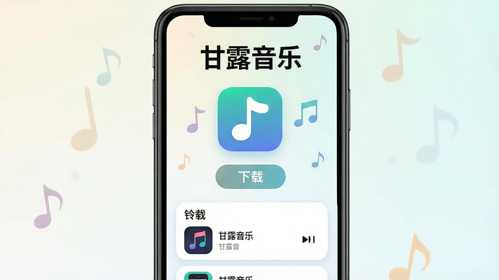 主体为一部智能手机屏幕,屏幕中央展示“甘露音乐”应用图标与简洁播放界面,布局采用居中对称构图,排版上方为应用名称“甘露音乐”加粗字体,下方为下载按钮与铃声列表缩略图,风格为清爽扁平化UI设计,细节包括音符元素点缀、浅色渐变背景、圆角卡片式列表,画质高清干净无多余元素
