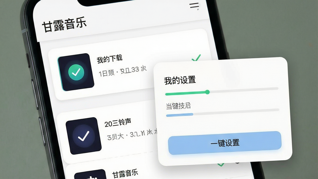 主体为手机界面展示“我的下载”列表与设置弹窗,布局为上下分层排版,上方为“甘露音乐”标题栏,下方为铃声文件卡片与一键设置按钮,风格为浅色极简卡片风,细节包括对勾图标、文件大小标注、下载进度条,画质高清干净无多余元素