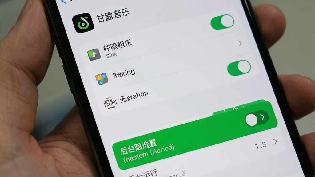 主体为手机屏幕展示权限设置与省电策略界面,布局为上下分栏排版,上方标注“甘露音乐”应用名称与权限开关列表,下方为后台运行选项高亮显示,风格为系统设置页面的浅灰质感,细节包括存储权限图标、无限制选项选中状态、提示箭头,画质清晰干净无多余元素