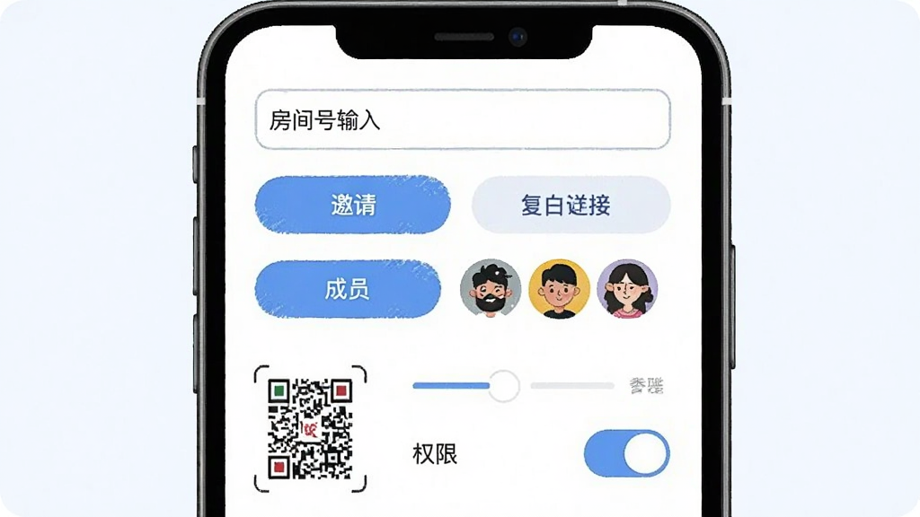��������Ϊһ���ֻ�����չʾЭͬ�滭���䴴��ҳ�棬����Ϊ������У��Ϸ���ʾ�����������·��������밴ť�ͳ�Աͷ���б������Ϊ��ˬ���ƶ���UI�廭�磬ϸ�ڰ�����ά��ͼ�ꡢ�������Ӱ�ť��Ȩ�޿��ؿؼ������������ɾ��������д����֡�Эͬ�滭���������Ű����޶���Ԫ��