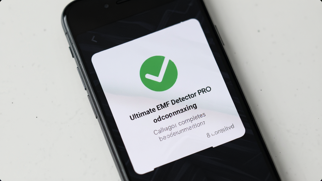 һ���ֻ���Ļ��д����ʾUltimate EMF Detector PRO��У׼�����ʾ���棬�������жԹ�ͼ��ͼ�����֣�������ǳ��ɫ���棬���ɾ���ˬ��ϸ�����������ʸ��壬�޶���Ԫ��