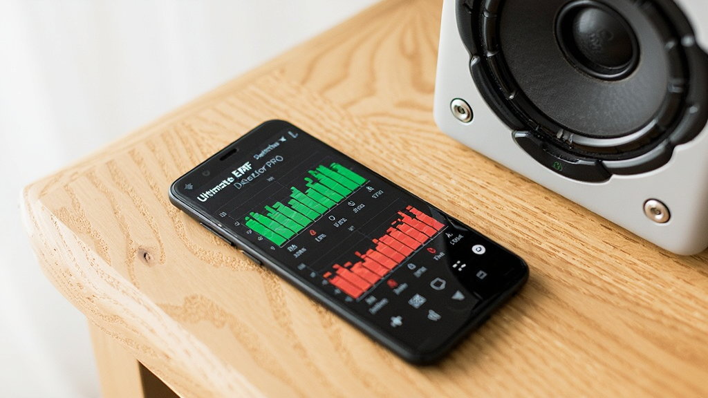 һ����׿�ֻ�ƽ����ľ���ϣ���Ļ��ʾUltimate EMF Detector PRO��ʵʱ�����棬����ɫ�ͺ�ɫ�Ķ�̬����ͼ���Ա߷���һ��������Ϊ���������������������ϸ�ڷḻ�������������ɾ��޶���Ԫ��