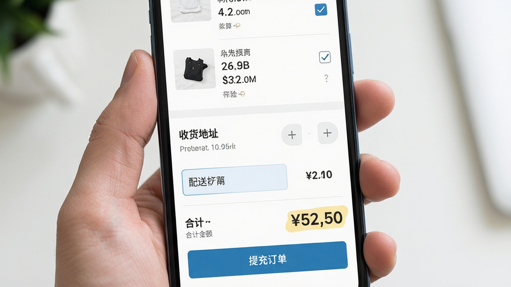 ��������Ϊ�ֻ���Ļ�еĹ��ﳵ�붩������ҳ�棬�Ϸ�Ϊ��ѡ��Ʒ�б����в�Ϊ�ջ���ַ������ѡ��·�Ϊ�ϼƽ�����ύ������ť�����ֲ������·����ṹ���Ű������ˣ����Ϊ���������ƶ����������棬ϸ�ڰ�����ѡ���������ڰ�ť��۸������ʾ����������������ɾ�����