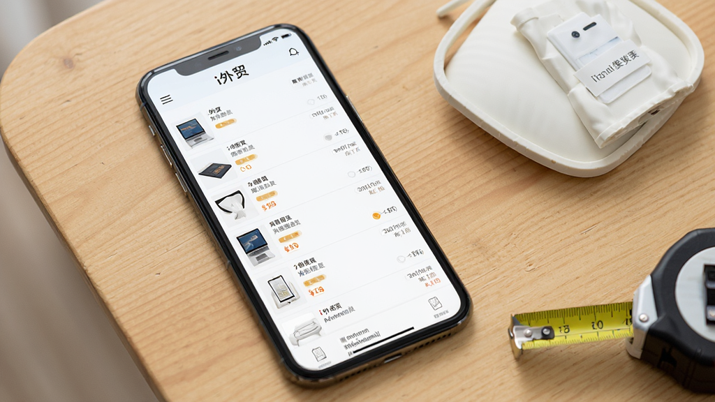 手机屏幕展示产品资料列表,左侧为产品缩略图,右侧为规格参数文字,手机平放在木质桌面上,旁边有产品样品与卷尺,主体为手机与产品资料界面,布局为手机居中偏左、样品在右侧,风格为清新产品摄影,细节包括列表中的分类标签与价格字段,画质清晰干净,图片中列表顶部显示文字“i外贸”