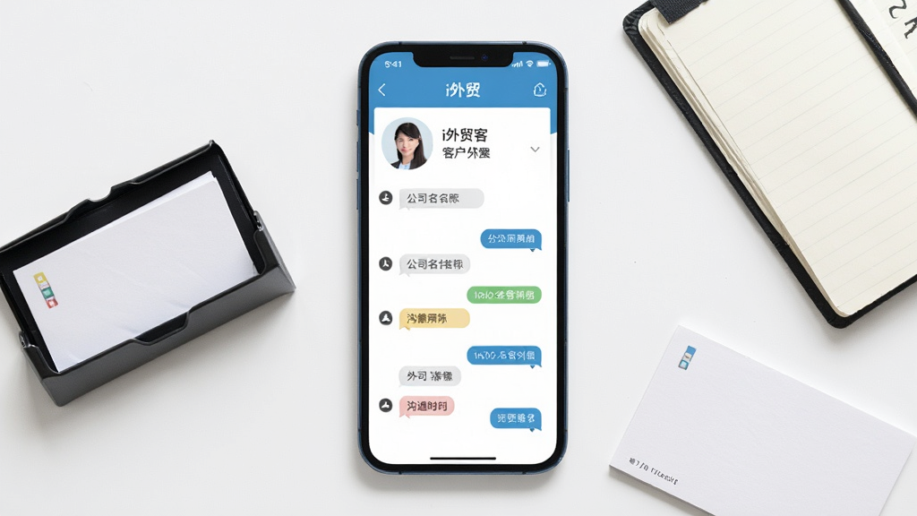 一部手机屏幕展示客户档案卡片,卡片上有客户头像、公司名称与沟通时间线,手机旁边放着名片夹与记事本,主体为手机与客户卡片界面,布局为手机居中、名片夹在右下角,风格为简洁产品展示风,细节包括时间线上的消息气泡与标签,画质清晰干净,图片中卡片标题显示文字“i外贸”