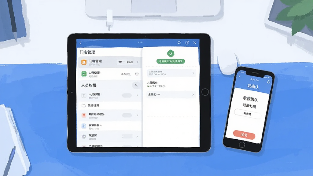 ����Ϊһ�Ÿ����ӽǵİ칫���棬�����Ϸ���ƽ�����ֻ���һ̨��ƽ����Ļ��ʾ�ŵ�����б�����ԱȨ�����ý��棬�ֻ���Ļ��ʾ�տ�ȷ��ҳ�棬�������࣬������ɫ����ƽ���廭��񣬹�����ͣ�����������ϸ�ڸɾ��޶�����Ʒ
