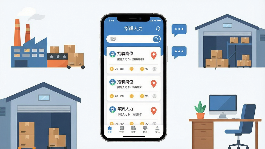 一张展示华辉人力手机应用主界面的场景图,画面中央是一部竖屏智能手机,屏幕上显示“华辉人力”应用首页,包含招聘岗位列表、搜索框与底部导航栏,手机周围环绕着工厂、物流仓库、办公桌等元素,布局简洁居中,风格为清爽现代的扁平化插画,细节包括岗位卡片、定位图标与消息气泡,画质清晰干净,无多余元素