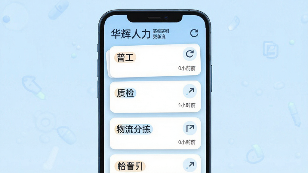 一张表现“华辉人力”岗位实时更新的信息流界面图,画面主体为手机屏幕内滚动的招聘岗位卡片,卡片上写有“普工”“质检”“物流分拣”等字样,背景为浅蓝色渐变,布局采用纵向列表排版,风格为简洁商务插画,细节包括刷新图标与时间标签,画质干净清晰,无杂乱装饰