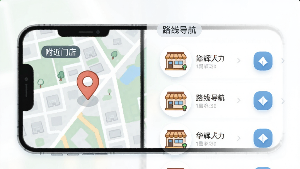一张展示“华辉人力”门店查询与导航功能的界面图,画面中手机屏幕显示地图与门店列表,地图上有定位标记,旁边配有门店图标与导航箭头,布局为上下结构,风格为清爽简约插画,细节包括“附近门店”“路线导航”文字标签,画质清晰干净,无多余元素