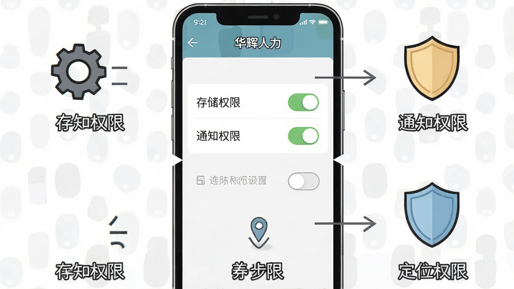 一张表现“华辉人力”应用安装与权限设置步骤的示意图,画面中手机屏幕显示权限开关界面,旁边配有齿轮图标与盾牌图标,布局为上下分步展示,风格为简洁说明性插画,细节包括“存储权限”“通知权限”“定位权限”文字标签,画质清晰干净,无多余元素
