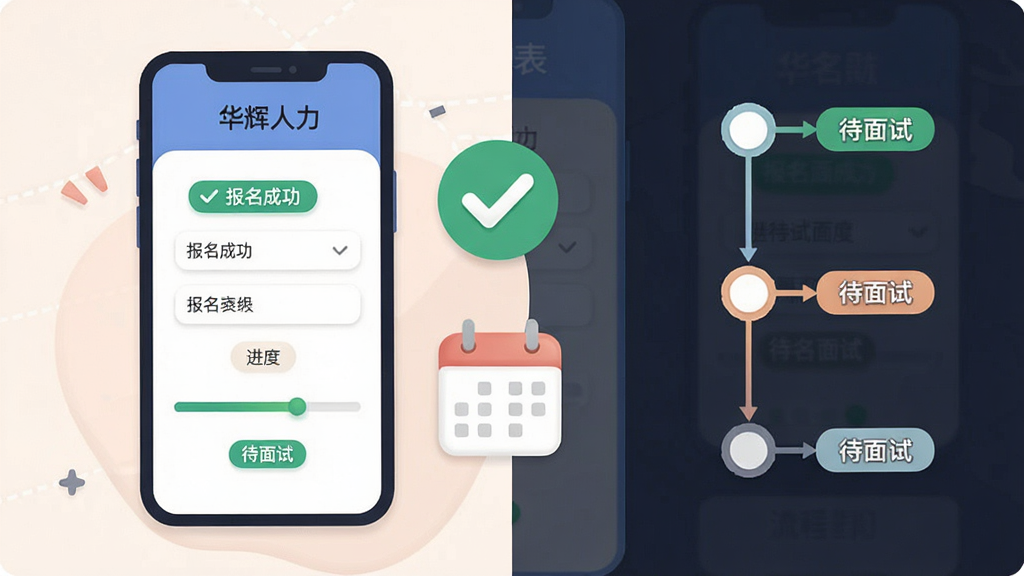 一张展示“华辉人力”在线报名流程的手机界面图,画面中手机屏幕显示报名表单与进度条,旁边配有对勾图标和日历图标,布局为左右分栏,左侧手机右侧流程节点,风格为柔和圆角扁平插画,细节包括“报名成功”“待面试”状态标签,画质清晰干净,无多余元素