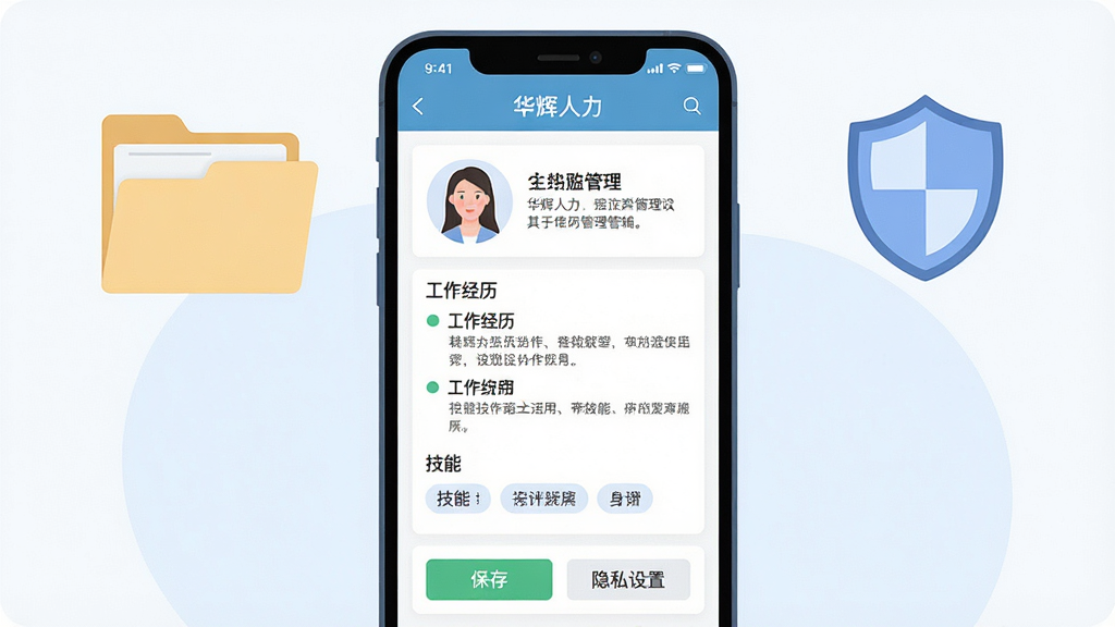 一张表现“华辉人力”个人简历管理界面的场景图,画面中央是手机屏幕显示简历编辑页面,包含头像、工作经历、技能标签等模块,背景有文件夹与盾牌图标,布局居中对称,风格为清新浅色扁平插画,细节包括“保存”“隐私设置”按钮,画质干净清晰,无多余装饰