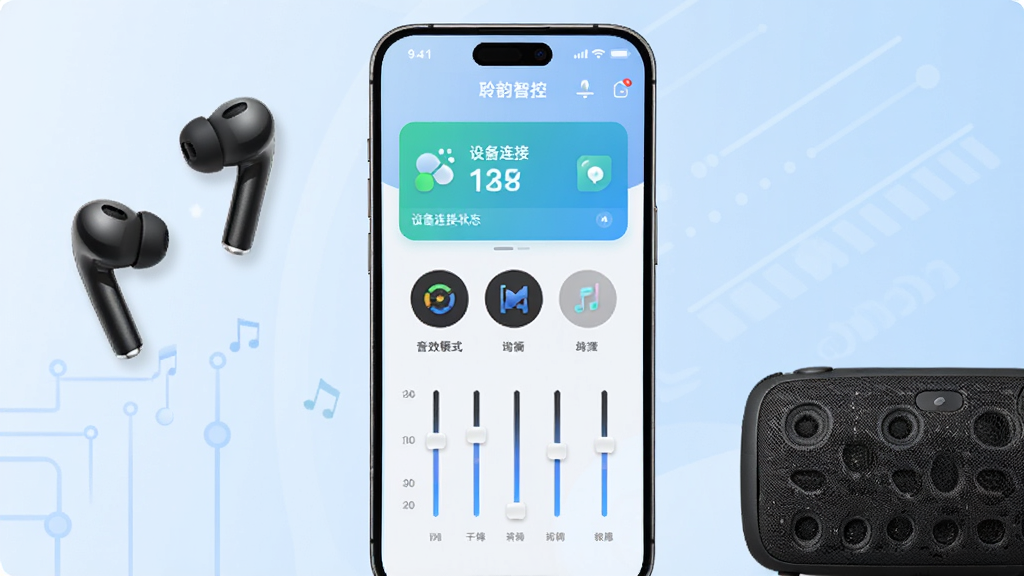 ��������չʾһ�������ֻ�����Ļ��ʾ�������ǿء�APP�����棬��������豸����״̬��Ƭ����Чģʽͼ��;��������飬�ֻ���Χ�������߶������������䣬����Ϊǳ��ɫ����Ƽ���񣬲��ּ����У�ϸ�����������ʸɾ����޶���Ԫ��