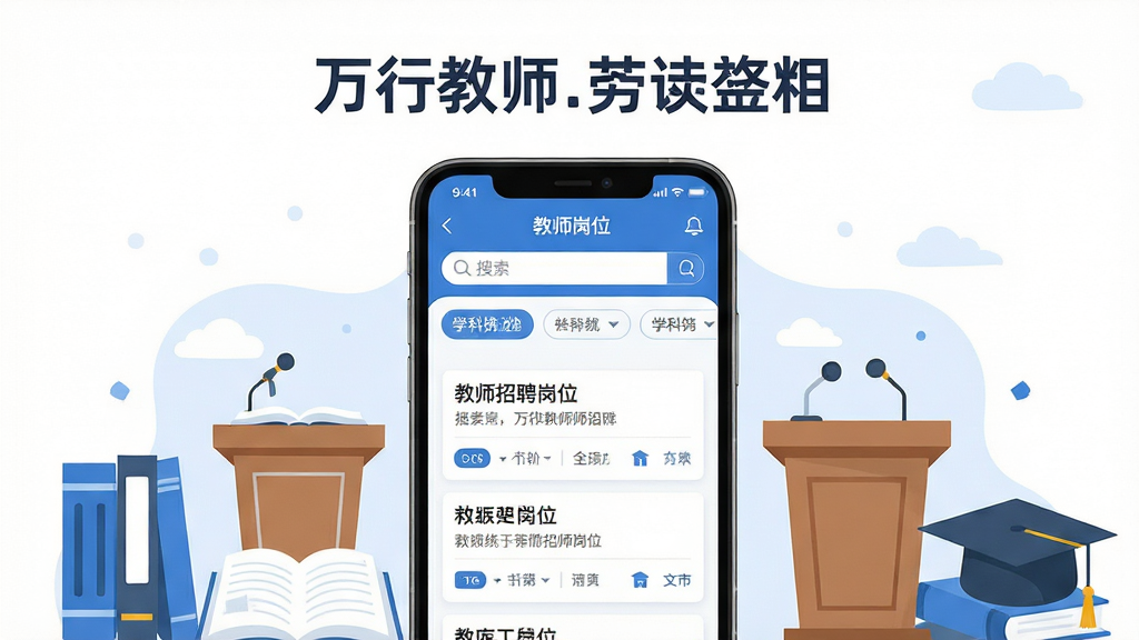 ��������Ϊһ�������ֻ�����Ļ��չʾ���н�ʦӦ����ҳ���棬������ʦ��Ƹ��λ�б���ѧ��ɸѡ�����ֻ���Χ�����鱾����̨��ѧʿñ�Ƚ���Ԫ�أ����ֲ��þ��й�ͼ���ֻ�λ�ڻ��������룬�Ϸ����׷��ü��������֣������Ű��������򣬷��Ϊ�ִ���ƽ���廭�磬ɫ������ɫ�Ͱ�ɫΪ����ϸ����ͻ�������е����������λ��Ƭ�����ʸ��壬����ɾ����޶���װ��Ԫ��