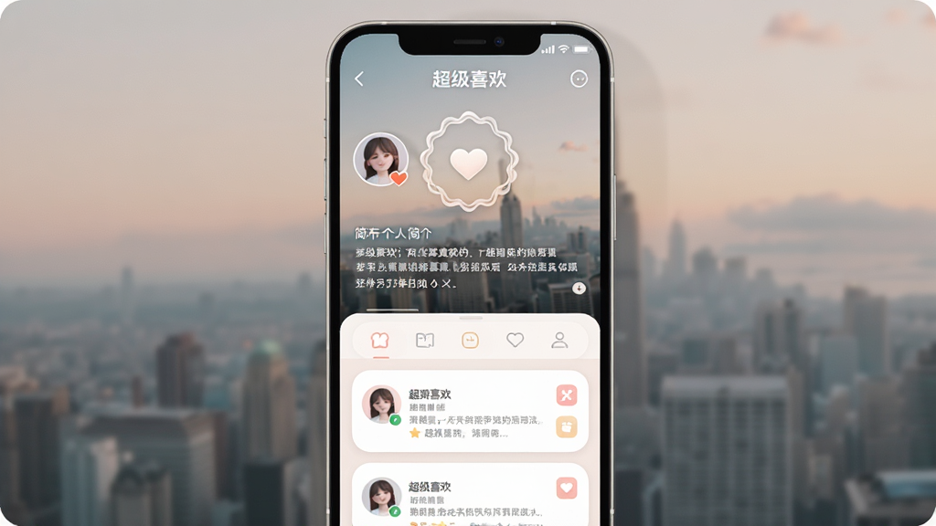һ���ֻ�������ҳ����ͼ������Ϊ�����ֻ���Ļ����Ļ����ʾ�û�ͷ�񡢱���ͼ���������·�Ϊ��̬��Ƭ�б������Ϊ���Բ��ǳɫ�ʸУ�ϸ�ڰ���ͷ���װ�����ǩСͼ�꣬���������ɾ����޶���Ԫ�أ���Ļ�Ϸ����֡�����ϲ����