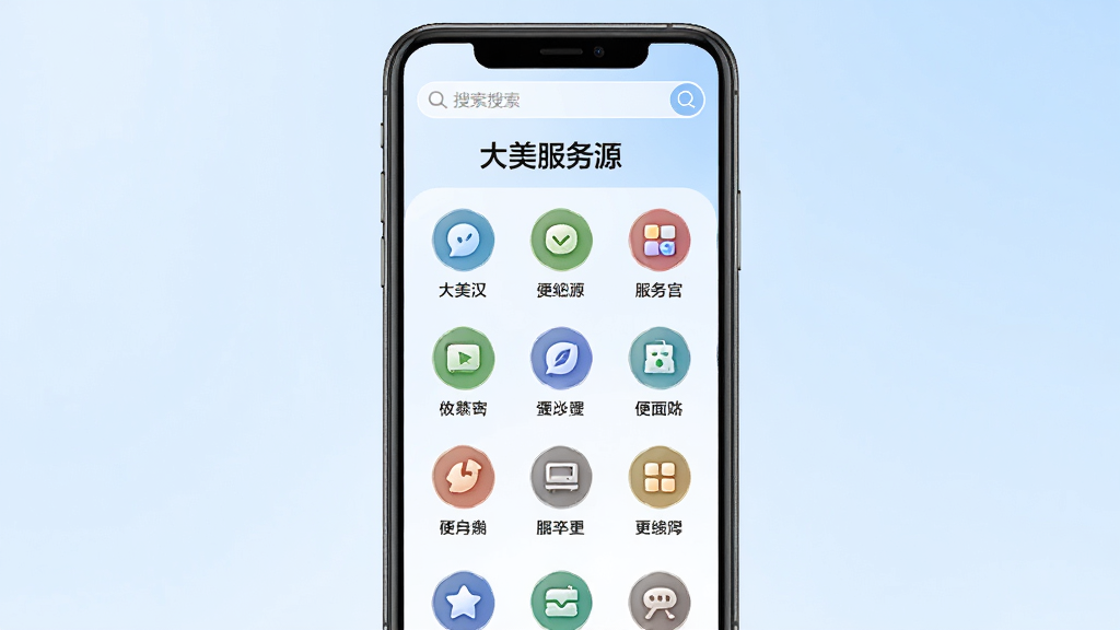 ����Ϊ�ֻ�����չʾ��������Դ��������񹬸�ҳ�����Բ�ι���ͼ���������У�����Ϊ�ֻ����С�����Ϊ���ǳ�����䣬�Ű�Ϊ���񲼾֣����Ϊ��Լ����������ϸ�ڰ�����ɫͼ�ꡢ���Ĺ��ܱ�ǩ�����������򣬻��ʸ��塢�ɾ����޶���Ԫ��