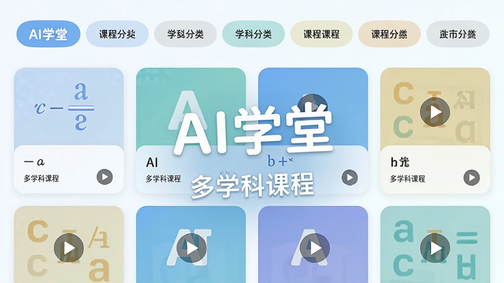 ����ΪAIѧ�ÿγ���Դҳ�棬���ֲ������񻯿γ̿�Ƭ���У��Ű��Ϸ�Ϊѧ�Ʒ����ǩ�������Ϊ����ǳɫ�����磬ϸ�ڰ�����ѧ��ʽͼ�ꡢӢ����ĸͼ���벥�Ű�ť�����ʸ��壬����ɾ����࣬����������Ϊ��AIѧ�á��롰��ѧ�ƿγ̡�
