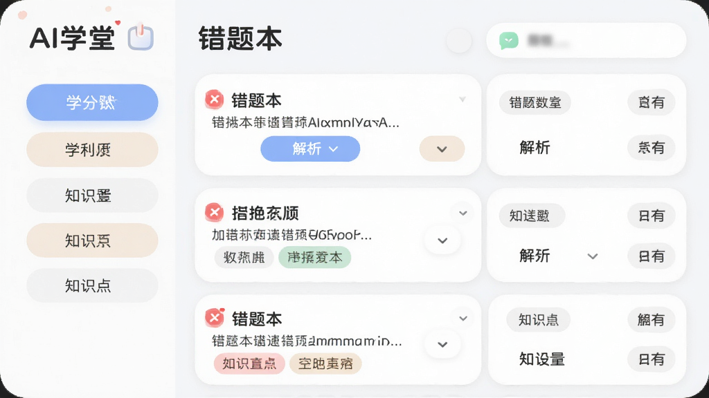 ����ΪAIѧ�ô��Ȿ���棬���ֲ����б�ʽ���⿨Ƭչʾ���Ű����Ϊѧ�Ʒ����Ҳ�Ϊ��������ͳ�ƣ����Ϊ���Բ�ǽ����磬ϸ�ڰ�����ɫ�����ǡ�����չ����ť��֪ʶ���ǩ����������������ɾ�������Ԫ�أ�����������Ϊ��AIѧ�á��롰���Ȿ��