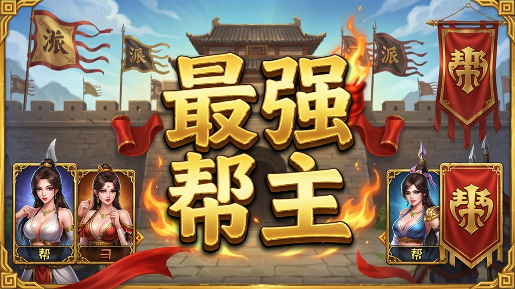 一张手机游戏主界面截图风格插画,画面中央是“最强帮主”四个金色立体大字,背景为古代城墙与战旗,左右两侧分布着美女卡牌角色立绘与帮派旗帜,整体布局为竖版手游界面,风格为热血传奇与国风卡牌结合,细节包含金色边框、红色绸带、火焰光效,画质清晰锐利,干净整洁,无多余元素