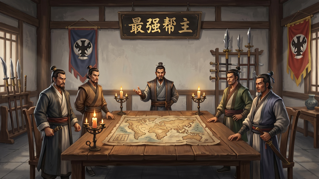 古代帮派议事大厅场景插画,画面中央是一张铺着地图的木桌,桌边站着数位身着古装的帮派成员,墙上悬挂“最强帮主”匾额,布局为对称构图,风格为写实国风游戏原画,细节包含烛台、兵器架、帮旗,画质精细,干净整洁,无多余元素