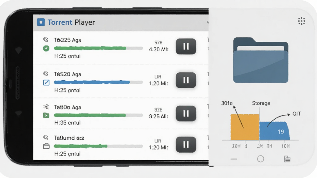 һ��չʾTorrent Player���ع�������ĳ���ͼ��������һ����׿�ֻ���Ļ��ʾ���������б���ÿ��������н��������ļ���С����ͣ��ť���Ա��л����ļ���ͼ��ʹ洢�ռ�ʾ��ͼ������Ϊǳ��ɫ��Լ��񣬻����������������룬�ɾ��޶���Ԫ��