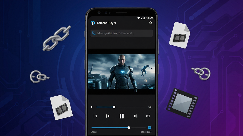 һ��չʾTorrent Player����������ֻ�Ӧ�ó���ͼ������������һ��������׿�ֻ�����Ļ����ʾTorrent Player����ɫ���ⲥ�Ž��棬�����д�������������в�����Ƶ���Ŵ������ڲ���һ���ƻõ�Ӱ���棬�ײ������Ų��ſ��ư�ť�����ؽ��������ֻ���ΧƯ���Ŵ�������ͼ�ꡢ�����ļ�ͼ�����Ƶ��ƬԪ�أ�����Ϊ��������ɫ�Ľ���Ƽ���ɫ�������������ִ��������������ɾ��޶���Ԫ��