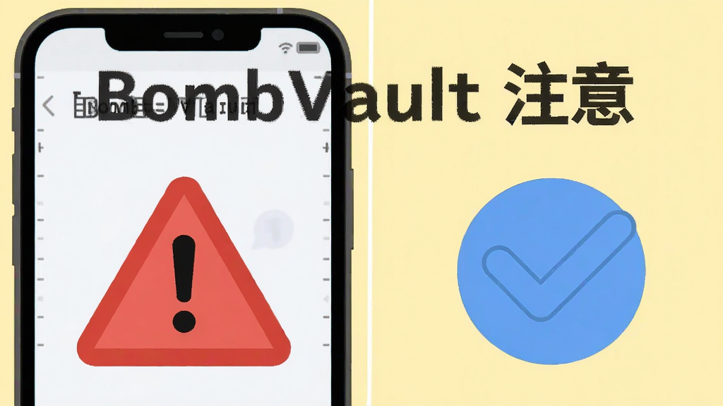 ����Ϊһ���ֻ���Ļ��ʾBombVault���������Ա߷���һ����ɫ��ʾ���Ǳ�־��һ����ɫ�Թ���־������Ϊ���ҶԱȣ��Ű��Ϸ�Ϊ�����·�Ϊͼ�꣬���Ϊ��ƽ����ʾ�廭��ϸ�ڰ�����ɫ�������и�̾�š���ɫ�Թ�Բ�󣬱���Ϊǳ�ƣ����ʸɾ���ͼƬ�д����֡�BombVault ע�⡱