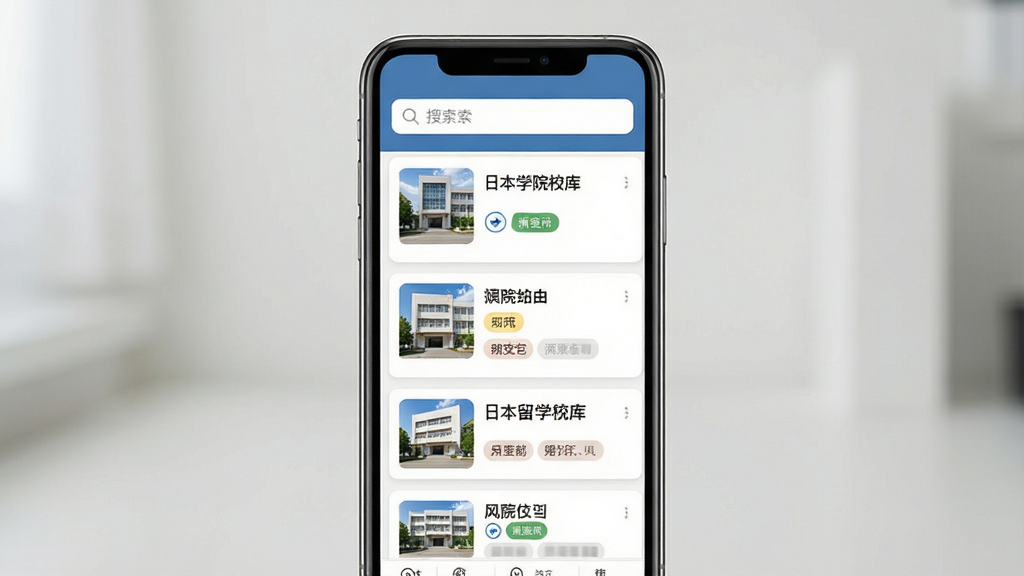 һ��չʾ�ֻ�Ӧ�ý����ͼƬ������Ϊһ�����������ֻ�����Ļ�ڳ����ձ���ѧԺУ���ԺУ�б�ҳ�棬����Ϊ�������������·���ƬʽԺУ��Ŀ���Ű��������������Ϊ�ִ���ƽ��UI��ƣ�ϸ�ڰ���ԺУ����ͼ�������������ǩ��ť�����ʸ��壬����ɾ����޶���Ԫ��
