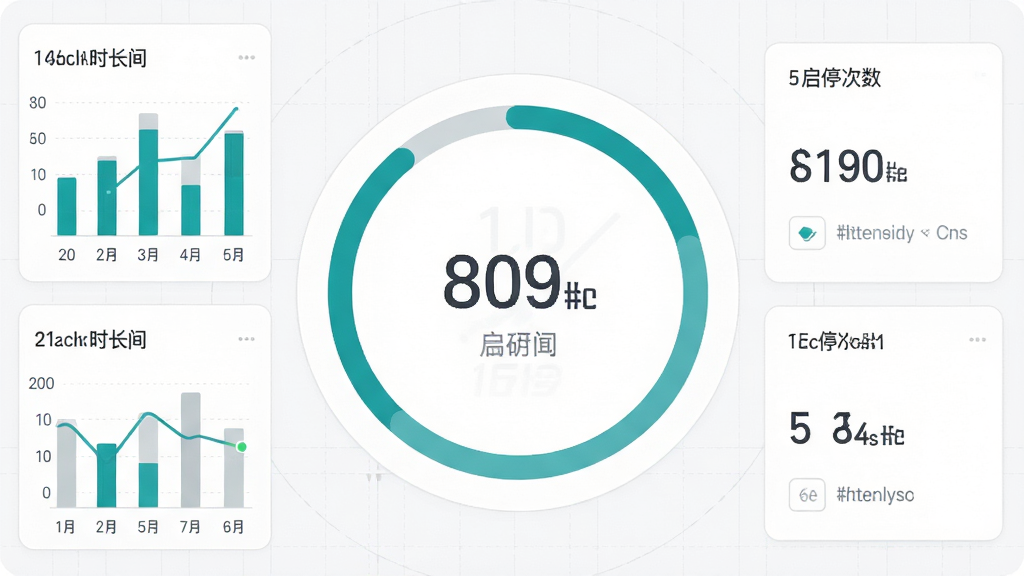 画面主体为数据仪表盘式界面,中央为一个大尺寸环形电量进度条,周围环绕使用时长柱状图与启停次数统计卡片,布局为环形居中、图表环绕式,风格数据可视化,细节上配色以青绿与浅灰为主,数字字体清晰,背景为白色带淡灰网格,画质高清,画面干净,无多余元素