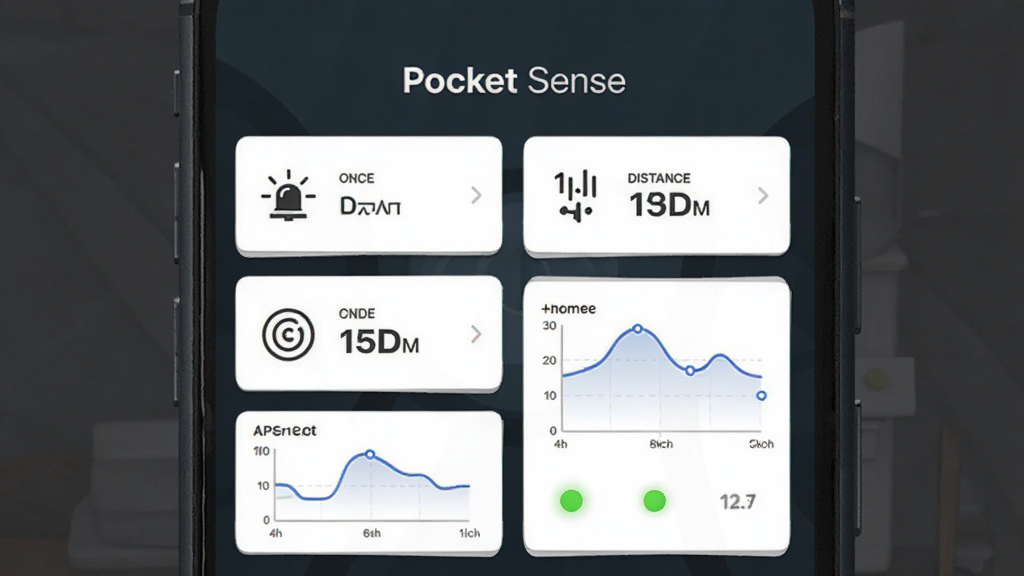 ����Ϊһ�������ֻ����з��ã���Ļ����ʾ Pocket Sense �����ĸ�Ӧ�����Ǳ����棬���ֲ������ҶԳƵĿ�Ƭʽ��Ϣ��壬�Ű��Ϸ�Ϊ�������Ʊ����·�Ϊ�����Ӧ��ֵ�б������Ϊ�ִ��Ƽ��б�ƽ����ƣ�ϸ�ڰ������߸�Ӧͼ�ꡢ�����Ӧͼ�ꡢ���ٶ�����ͼ��״ָ̬ʾ�ƣ����ʸ��塢����ɾ����޶���Ԫ��