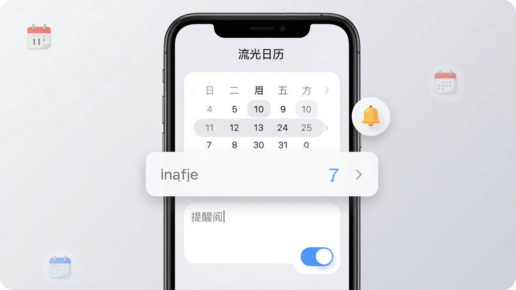 主体为“流光日历”应用内的日程添加界面,屏幕上有日期选择器与文字输入框,旁边悬浮一个小铃铛图标;布局为手机界面居中展示,背景为浅灰渐变;排版突出输入框与提醒开关,界面顶部显示“流光日历”字样;风格为扁平化移动端UI展示,细节包含圆角按钮、柔和阴影与简洁图标;画质高清、画面干净、无多余元素