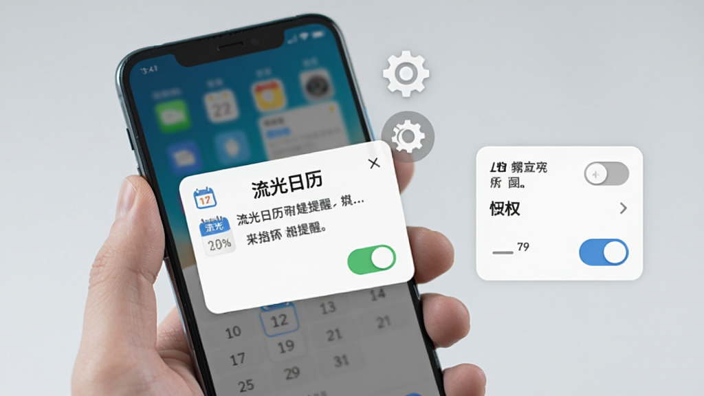 主体为一只手拿着安卓手机,屏幕上显示“流光日历”的日程提醒弹窗,旁边有齿轮图标与权限开关示意;布局为手机与手部占画面主体,背景为浅灰虚化;排版突出提醒弹窗与权限设置面板;风格为实用教程配图风格,细节包含清晰的文字提示、开关按钮与简洁图标;画质清晰、画面干净、无多余元素