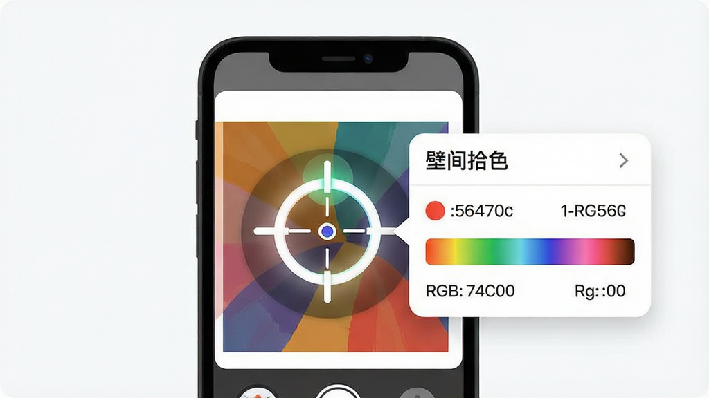 一张表现“壁间拾色”屏幕实时取色功能的图片,画面主体是手机屏幕上的取色准星压在彩色图片上,旁边弹出“壁间拾色”色值卡片显示十六进制与RGB数值,布局为手机居中、色值卡片悬浮在右侧,风格为科技感扁平插画风,细节包括准星光圈、颜色渐变条和数值标签,画质高清,画面干净,无多余元素
