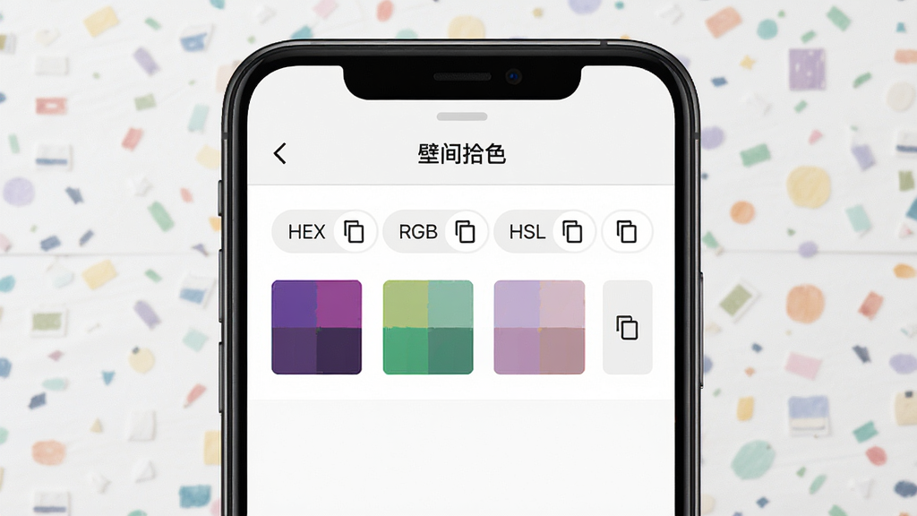 一张表现“壁间拾色”色值格式转换功能的图片,画面主体是一部手机屏幕展示“壁间拾色”色值面板,面板上并列显示HEX、RGB、HSL三种格式标签与复制按钮,布局为手机居中、格式标签横向排列,风格为简洁工具类UI展示风,细节包括彩色色块、格式文字和复制图标,画质高清,画面干净,无多余元素
