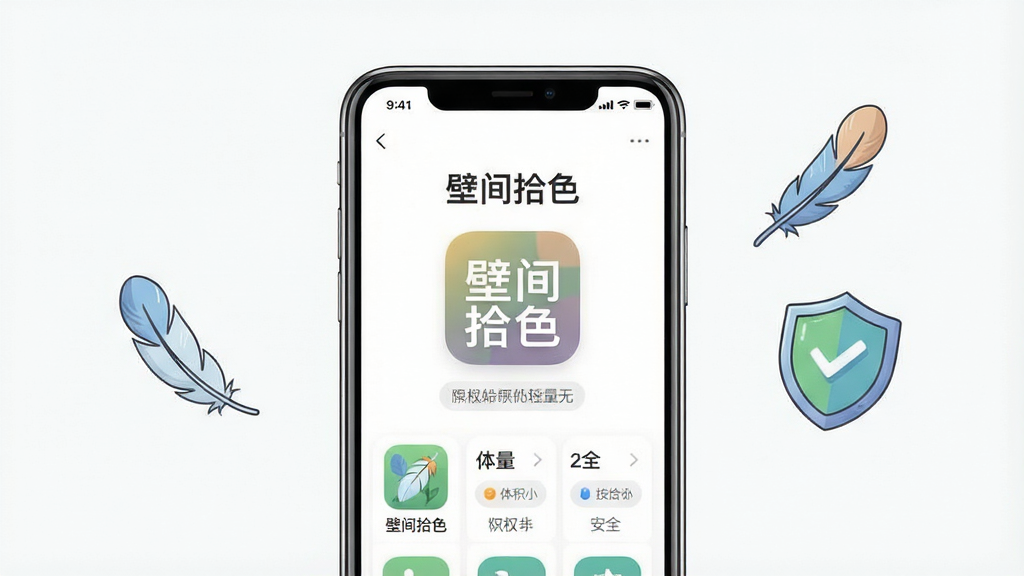 一张表现“壁间拾色”轻量无广告特点的图片,画面主体是一部手机屏幕显示“壁间拾色”主界面,界面干净简洁,旁边漂浮着轻量化的羽毛与盾牌图标象征体积小与安全,布局为手机居中、图标点缀两侧,风格为简约清爽插画风,细节包括软件图标、权限提示标签和干净背景,画质高清,画面干净,无多余元素