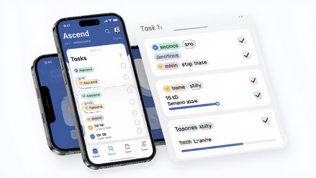 画面主体为 Ascend 应用的任务管理界面悬浮在手机屏幕上方,布局为左侧手机、右侧展开的卡片式任务列表;排版采用左右分栏;风格为清爽的科技感插画;细节包括彩色标签、勾选动画效果、进度条元素;画质高清,干净,无多余元素,画面中带有“Ascend”字样。