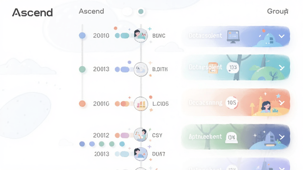主体为 Ascend 应用的信息聚合页面,布局为纵向时间轴配合右侧分组标签;排版采用上下结构;风格为柔和浅色系扁平插画;细节包括时间节点圆点、分类色块、折叠箭头;画质高清,干净,无多余元素,画面中带有“Ascend”文字标识。