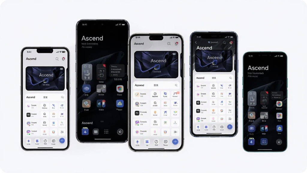 主体为多部不同尺寸的手机并排展示 Ascend 应用界面,布局为横向排列、错落有致;排版为产品展示式构图;风格为干净的产品视觉;细节包括屏幕内界面自适应缩放、统一的设计语言、浅色背景;画质高清,干净,无多余元素,画面中带有“Ascend”字样。