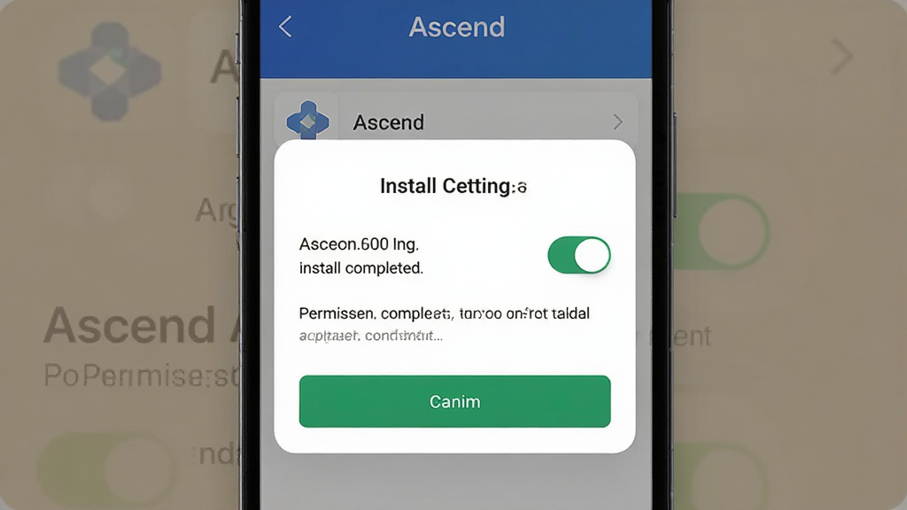 主体为一部手机屏幕显示 Ascend 应用安装完成后的权限设置页面,布局为居中弹窗式;排版为上下结构;风格为简洁的移动端界面示意;细节包括权限开关、说明文字、确认按钮;画质高清,干净,无多余元素,画面中带有“Ascend”字样。