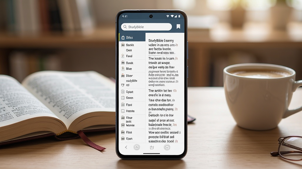 画面中央是一部竖屏安卓手机,屏幕上显示StudyBible应用主界面,界面左侧为圣经书卷目录列表,右侧为经文阅读区域,文字排版整齐,顶部有搜索框与书签图标,手机放置在浅木色桌面上,旁边放着一本翻开的纸质圣经和一杯咖啡,背景为柔和虚化的书房环境,整体风格清新写实,光线温暖自然,画质清晰干净,无多余装饰元素