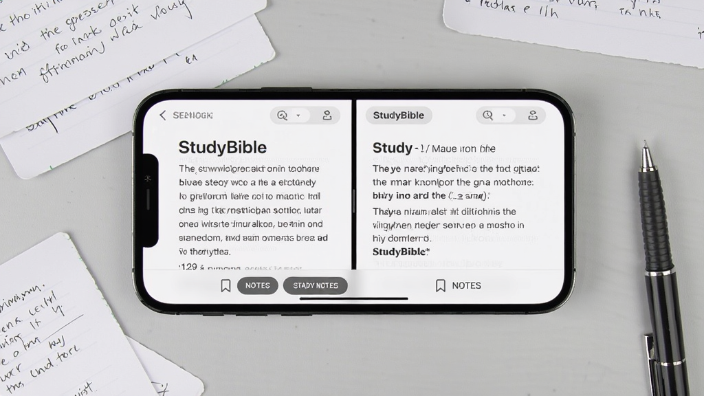 画面展示StudyBible应用的多译本对照阅读界面,手机横屏放置,屏幕左右分栏显示同一节经文的不同译本,文字清晰可读,界面底部有书签与笔记按钮,手机周围散落几张手写笔记卡片和一支笔,背景为浅灰色桌面,风格简洁现代,画质细腻干净